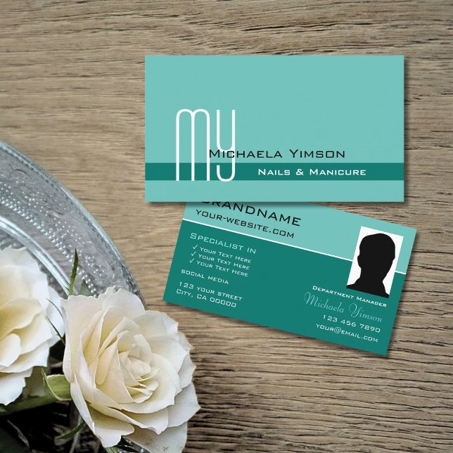 Elegant Teal Classic Chic with Monogram and Photo Business Card (Creator Uploaded)