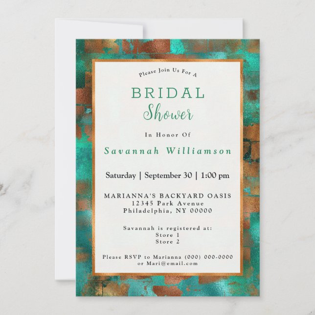 Elegant Teal Copper Abstract Chic Bridal Shower Invitation (Front)