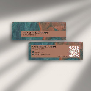 Elegant Teal & Copper Abstract QR Code Notary  Mini Business Card