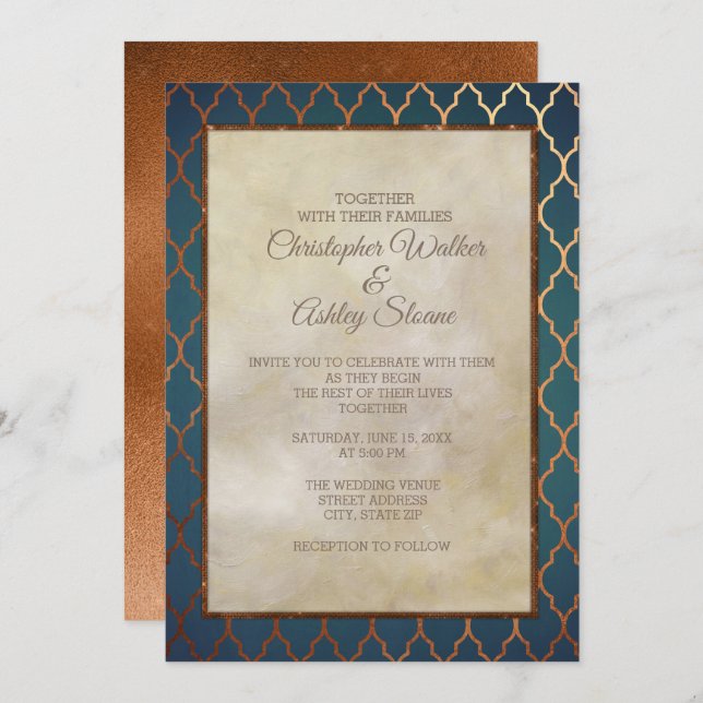 Elegant Teal Copper Wedding Invite (Front/Back)