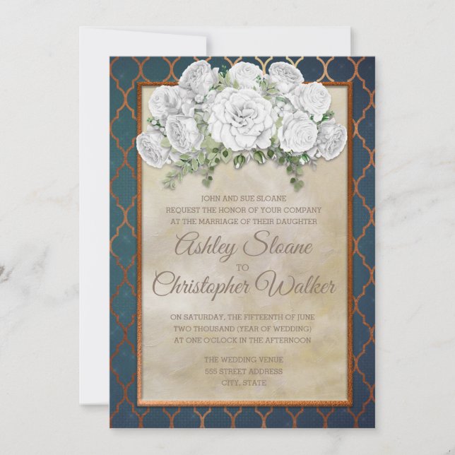 Elegant Teal Copper White Floral Wedding Invite (Front)