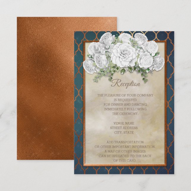 Elegant Teal Copper White Floral Wedding Reception Invitation (Front/Back)