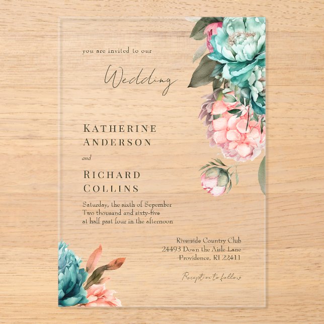 Elegant Teal & Coral Peonies Wedding Acrylic Invitations (Front)