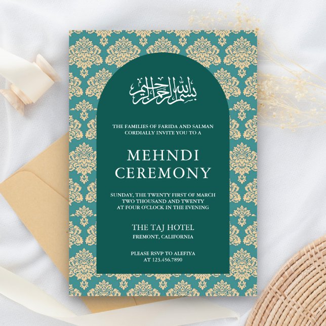 Elegant Teal Damask Arch Islamic Mehndi Ceremony Enclosure Card (Creator Uploaded)