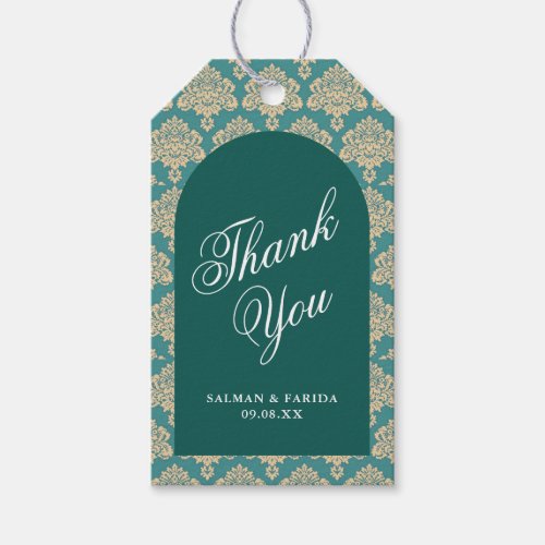 Elegant Teal Damask Arch Wedding Thank You Gift Tags