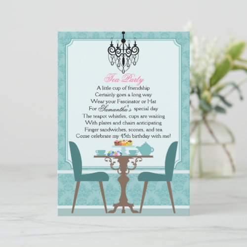 Elegant Teal Damask Birthday Tea Party 5x7 Paper Invitation Card