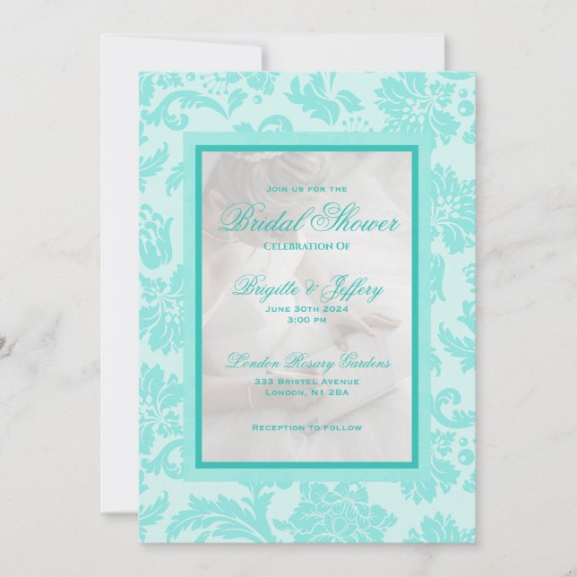 Elegant teal damask custom wedding bridal shower invitation (Front)