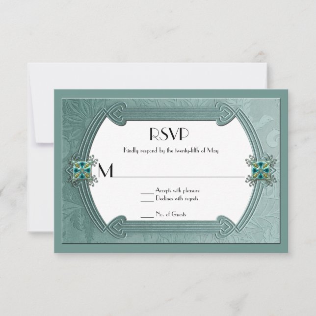 Elegant Teal Damask Jewels RSVP Card (Front)