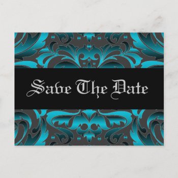 Elegant Teal Damask Scroll Save The Date Postcard by theedgeweddings at Zazzle