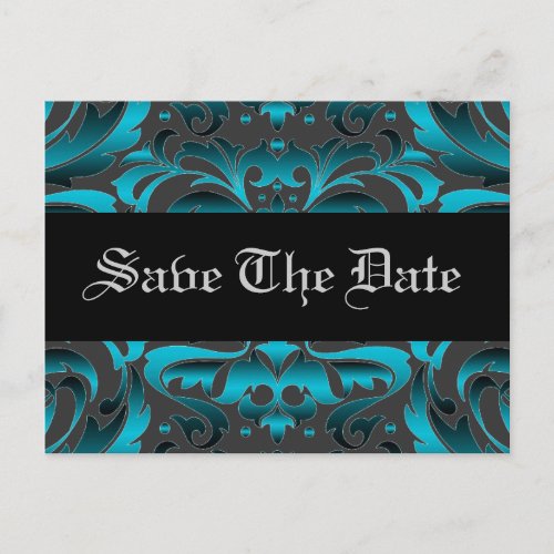 Elegant Teal Damask Scroll Save The Date Postcard