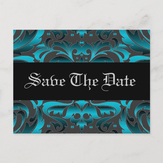 Elegant Teal Damask Scroll Save The Date Postcard (Front)