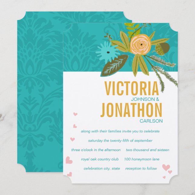 Elegant Teal Damask Turquoise Pink Gold Wedding Invitation (Front/Back)