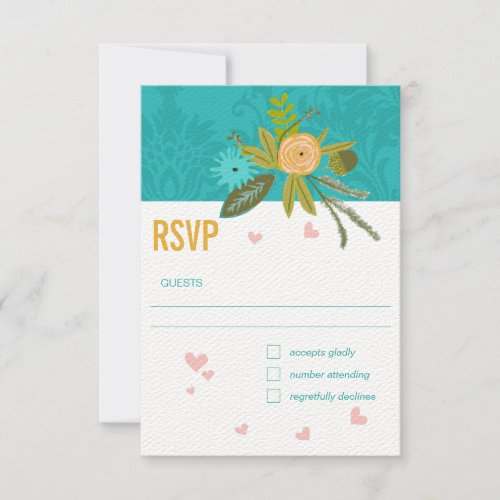 Elegant Teal Damask Turquoise Pink Gold Wedding  RSVP Card