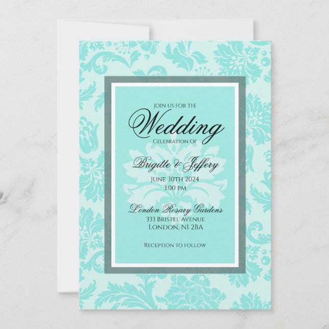 Elegant teal damask wedding invitation (Front)