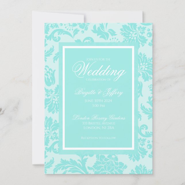 Elegant teal damask wedding invitation (Front)