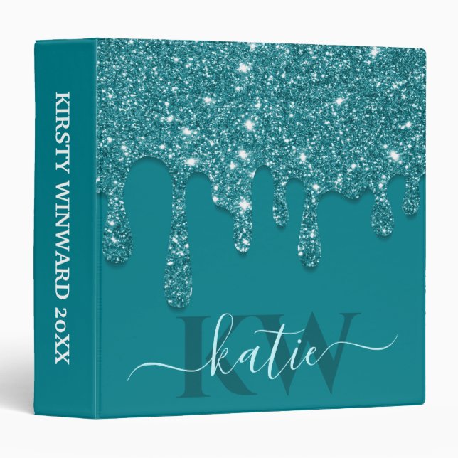 Elegant Teal Dripping Glitter Monogram 3 Ring Binder (Front/Spine)