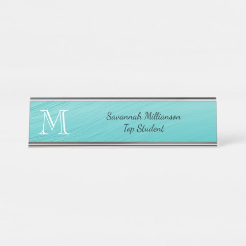 Elegant Teal Faux Metal Student Monogram Desk Name Plate