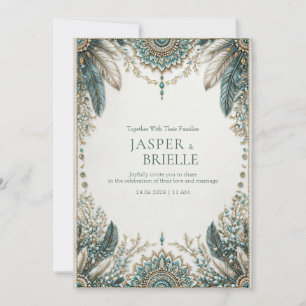 Elegant Teal Feather Ornate Filigree Wedding Invitation