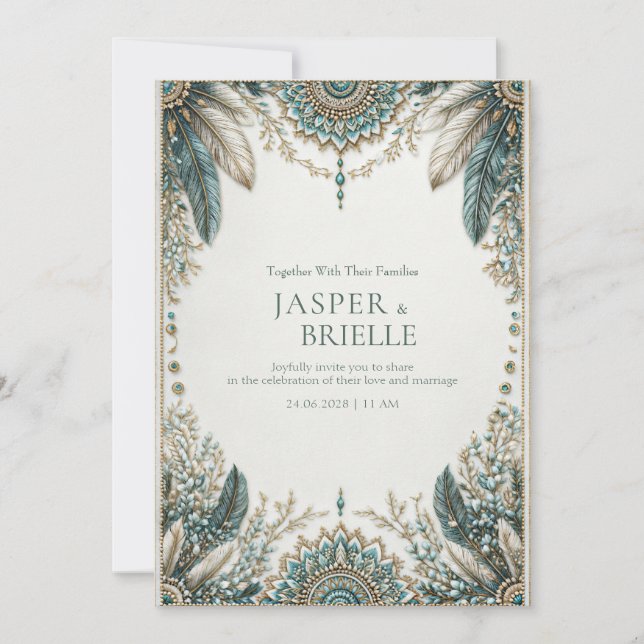 Elegant Teal Feather Ornate Filigree Wedding Invitation (Front)