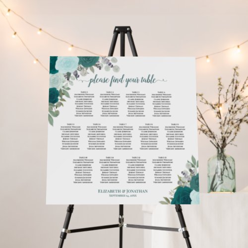 Elegant Teal Floral 13 Table Wedding Seating Chart Foam Board