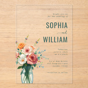 Elegant Teal Floral Bouquet Acrylic Invitations