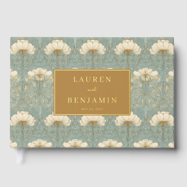 Elegant Teal Floral Foil Guest Book (Front)
