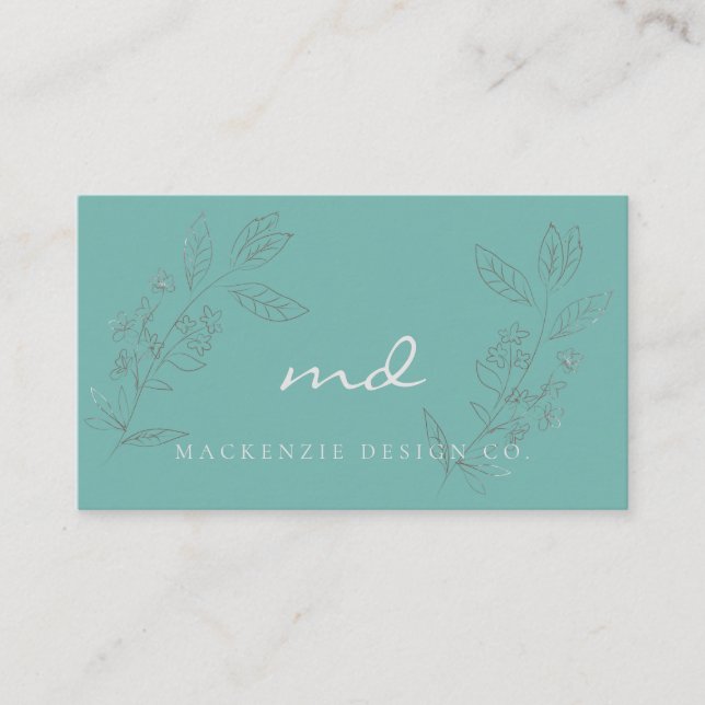 Elegant teal floral glitter monogrammed business card (Front)