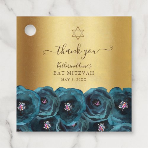 Elegant Teal Floral Gold Bat Mitzvah Thank You