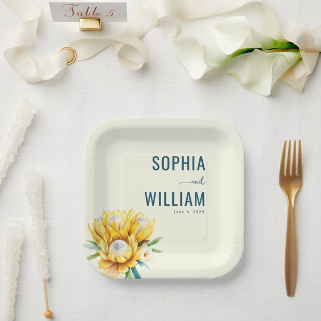 Elegant Teal Floral Illustration Paper Plates (Wedding)