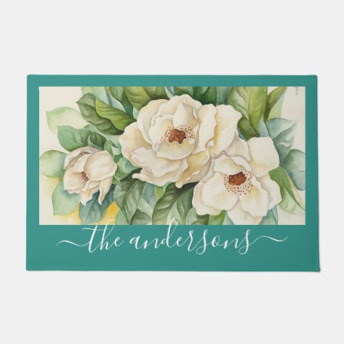 Elegant Teal Floral Magnolia Flowers Script Name Doormat