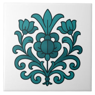 Elegant Teal Floral Mandala Stained Glass Ceramic Tile