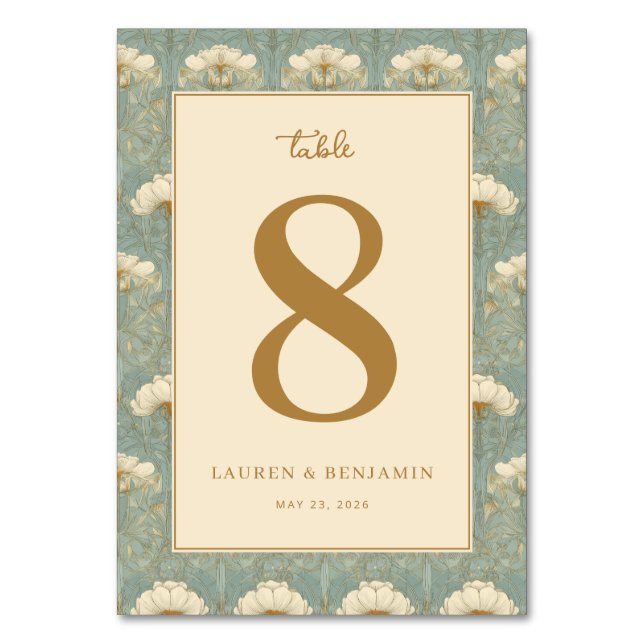 Elegant Teal Floral Number Eight Table Number (Front)