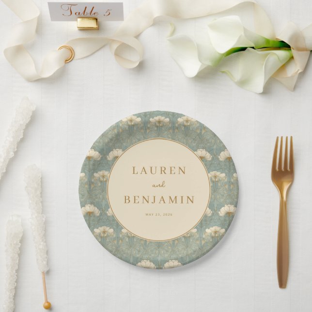 Elegant Teal Floral Paper Plates (Wedding)