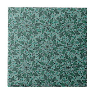 Elegant Teal Floral Pattern with Leaf Mandala  Ceramic Tile