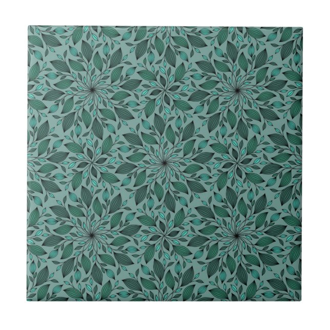 Elegant Teal Floral Pattern with Leaf Mandala  Ceramic Tile (Front)