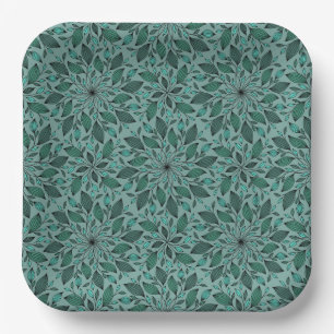 Elegant Teal Floral Pattern with Leaf Mandala Paper Plates