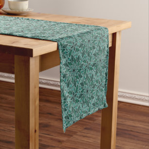 Elegant Teal Floral Pattern with Leaf Mandala  Short Table Runner