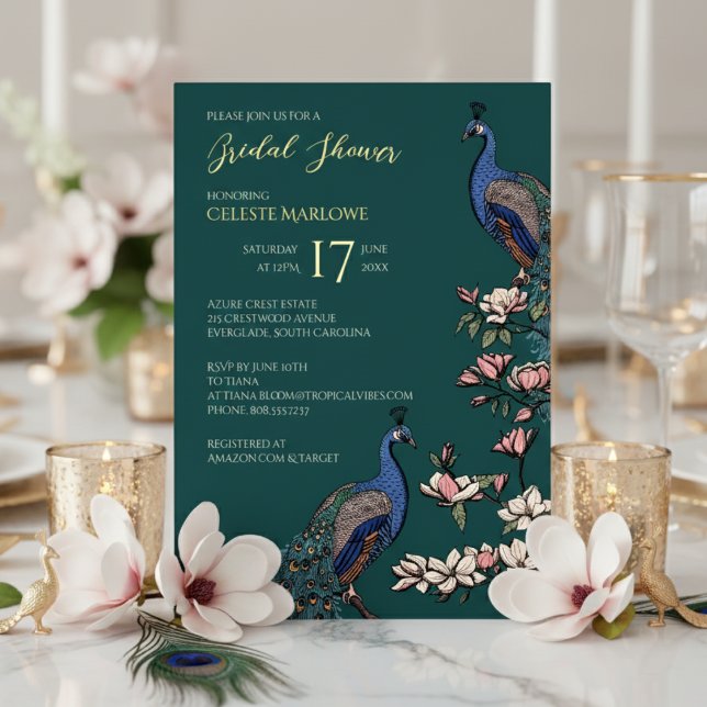 Elegant Teal Floral Peacock Bridal Shower Foil Invitation (Elegant Teal, Gold Foil Floral Peacock Bridal Shower Invitations for Her. Classy Bird Teal Feathers)