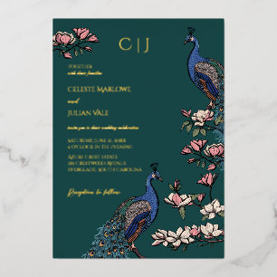 Elegant Teal Floral Peacock Wedding Foil Invitation