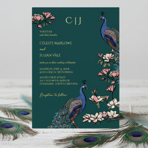 Elegant Teal Floral Peacock Wedding Foil Invitation