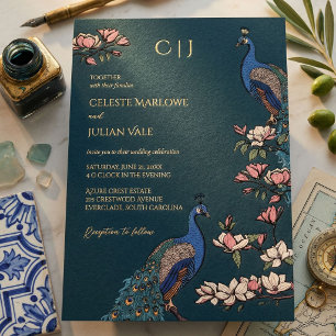 Elegant Teal Floral Peacock Wedding Gold Foil Invitation