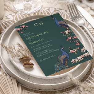 Elegant Teal Floral Peacock Wedding Gold Foil Invitation