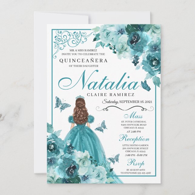 Elegant Teal Floral Quinceanera Birthday Invitatio Invitation (Front)