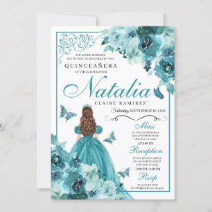 Elegant Teal Floral Quinceanera Birthday Invitatio Invitation