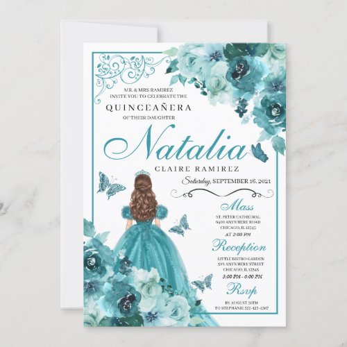 Elegant Teal Floral Quinceanera Birthday Invitatio Invitation