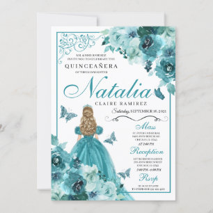 Elegant Teal Floral Quinceanera Birthday Invitatio Invitation