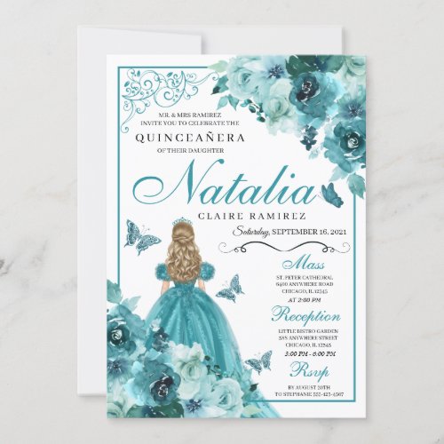 Elegant Teal Floral Quinceanera Birthday Invitatio Invitation