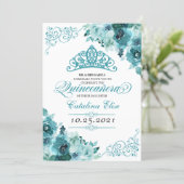 Elegant Teal Floral Quinceanera Birthday Invitation (Standing Front)