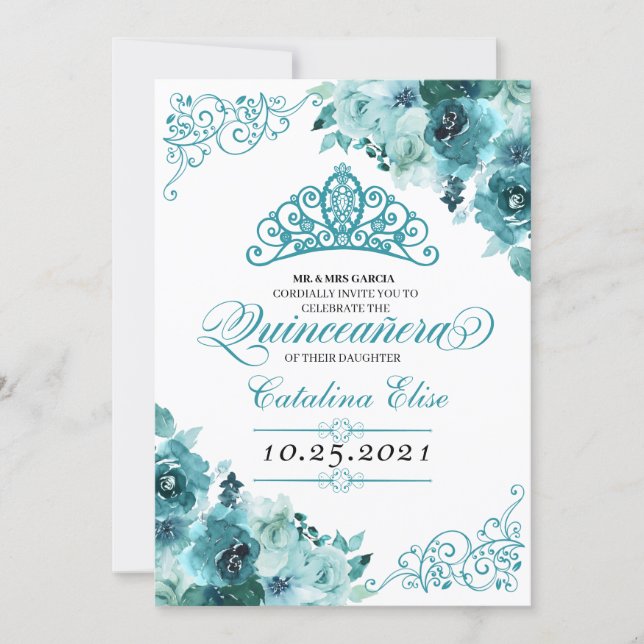 Elegant Teal Floral Quinceanera Birthday Invitation (Front)