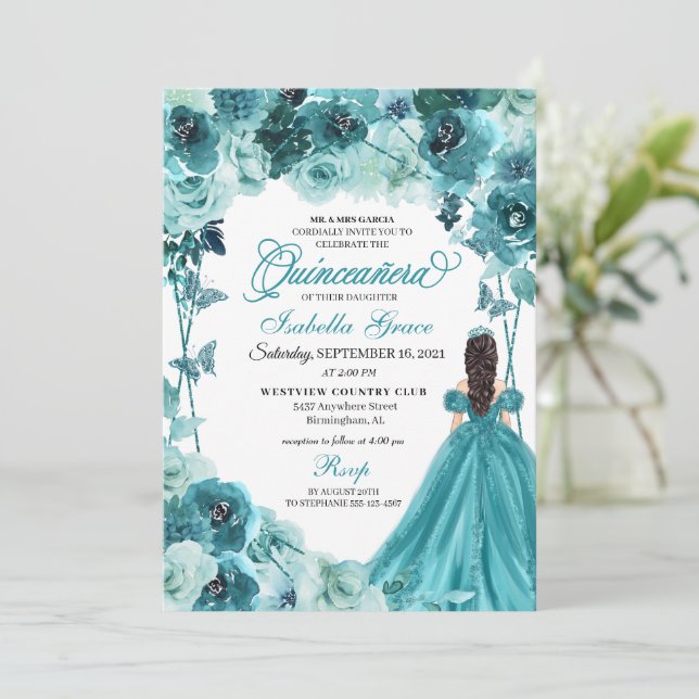 Elegant Teal Floral Quinceanera Invitation (Standing Front)